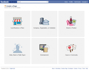 Facebook-create page options